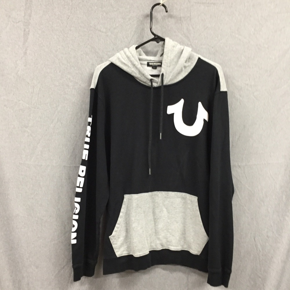 True Religion Mens Hoodie XL Black Gray Colorblock Horseshoe Logo Sleeve Graphic